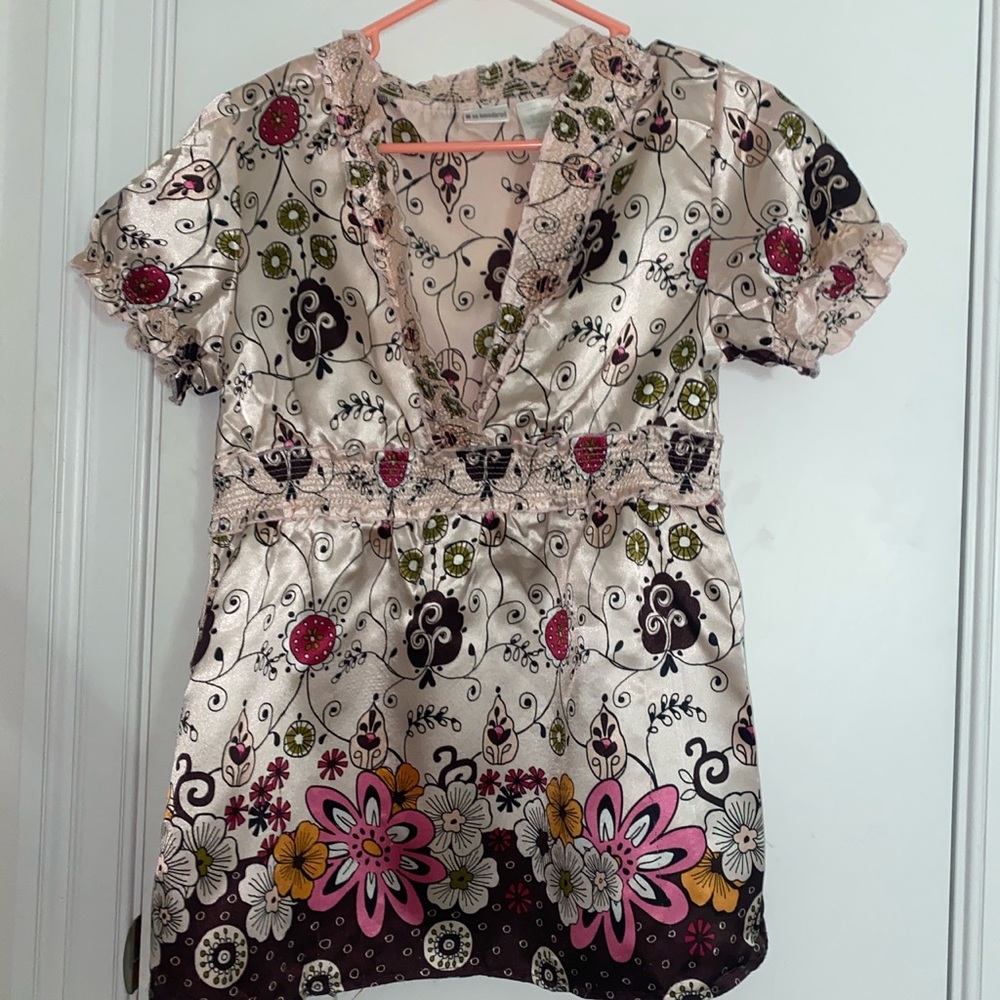 No Boundaries Juniors Pink and Brown Floral Satin Blouse
